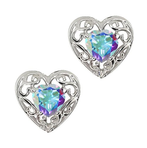 1 Ct Mercury Mist Mystic Topaz Heart LOVE Diamond Stud Earrings .925 Sterling Silver