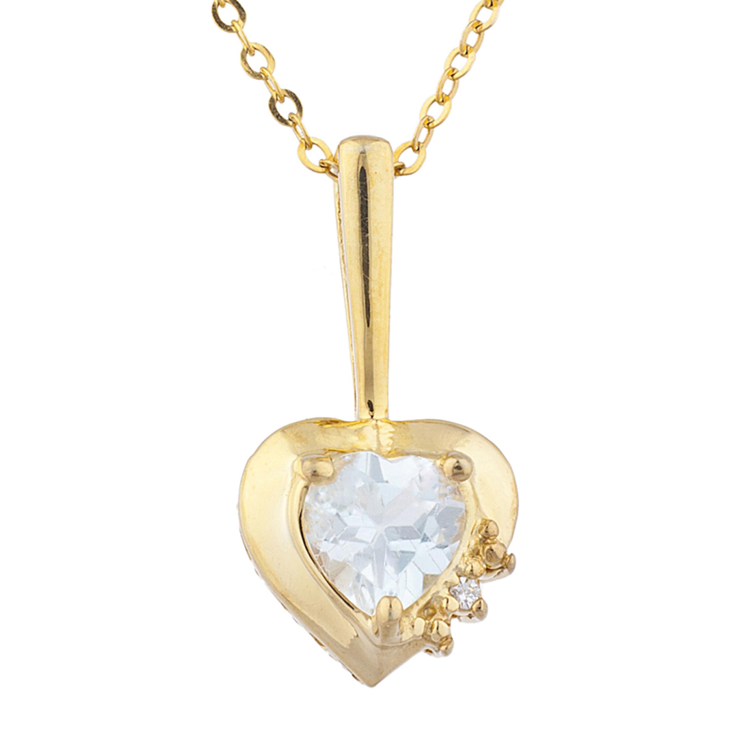 14Kt Gold Genuine Aquamarine & Diamond Heart Design Pendant Necklace