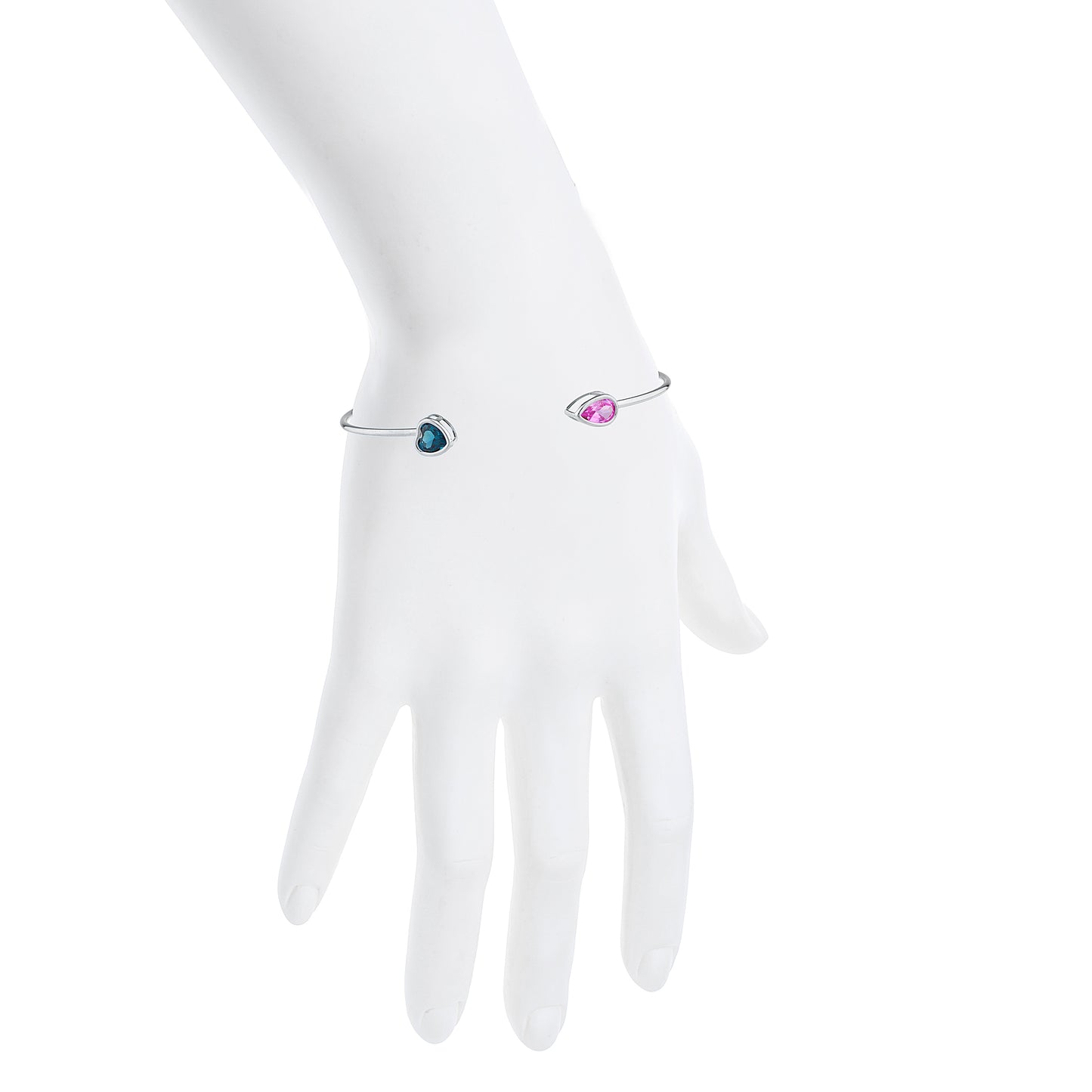 London Blue Topaz Heart & Pink Sapphire Pear Bezel Bangle Bracelet .925 Sterling Silver Rhodium Finish