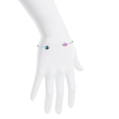 London Blue Topaz Heart & Pink Sapphire Pear Bezel Bangle Bracelet .925 Sterling Silver Rhodium Finish