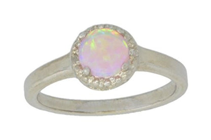 6mm Pink Opal Round Diamond Ring .925 Sterling Silver Rhodium Finish