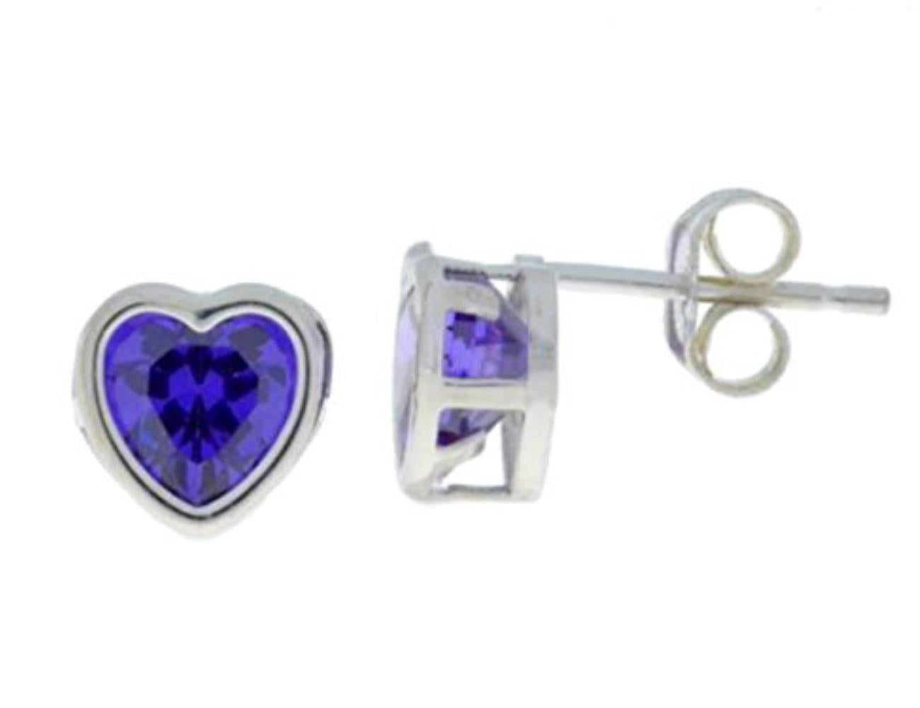 14Kt White Gold Amethyst Heart Bezel Stud Earrings