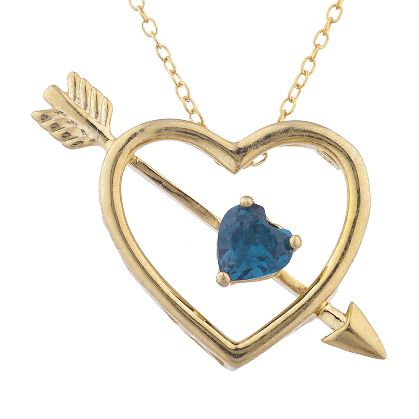 14Kt Yellow Gold Plated London Blue Topaz Heart Bow & Arrow Pendant