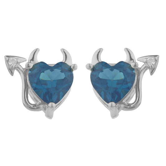 London Blue Topaz & Diamond Devil Heart Stud Earrings .925 Sterling Silver