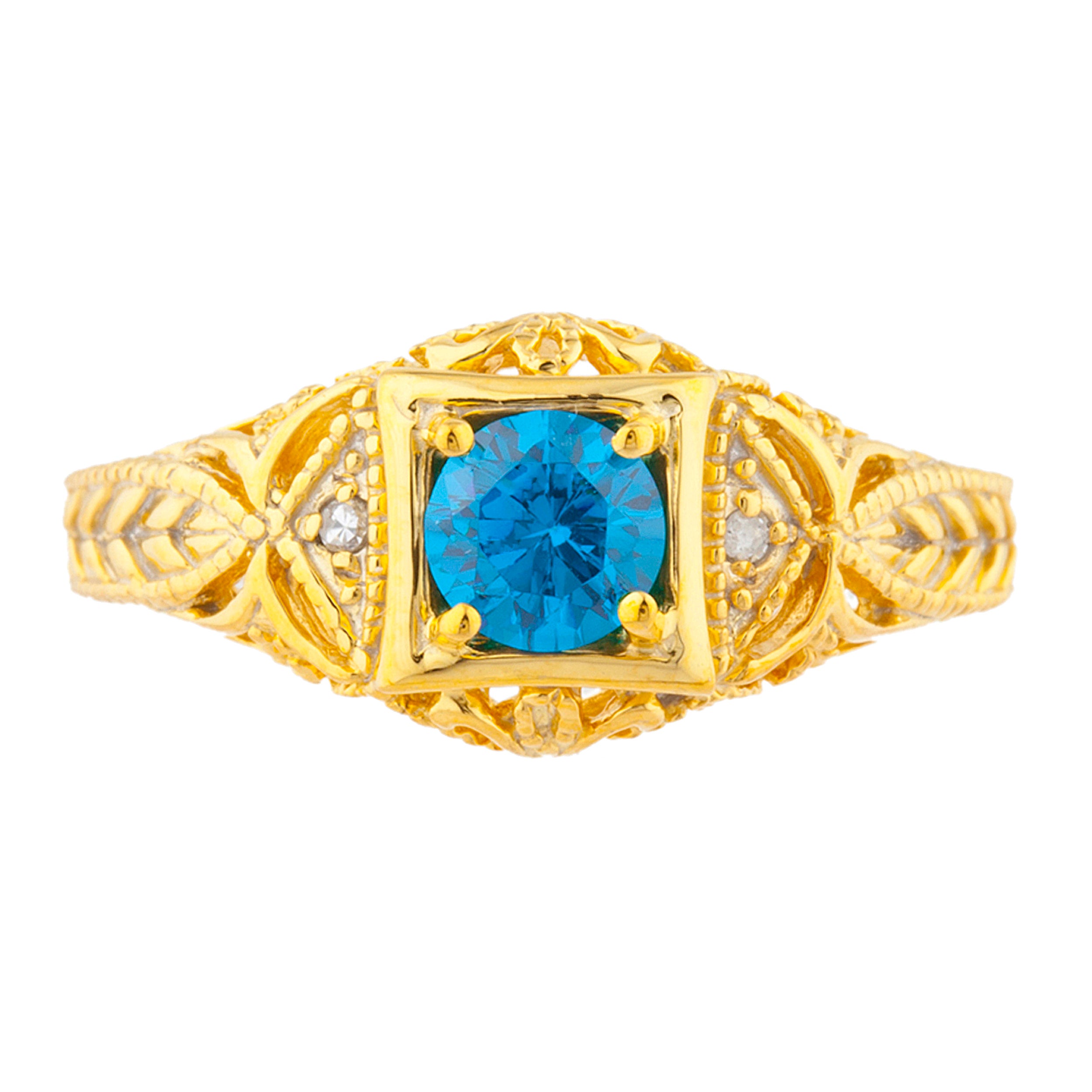 14Kt Gold Swiss Blue Topaz & Diamond Design Round Ring