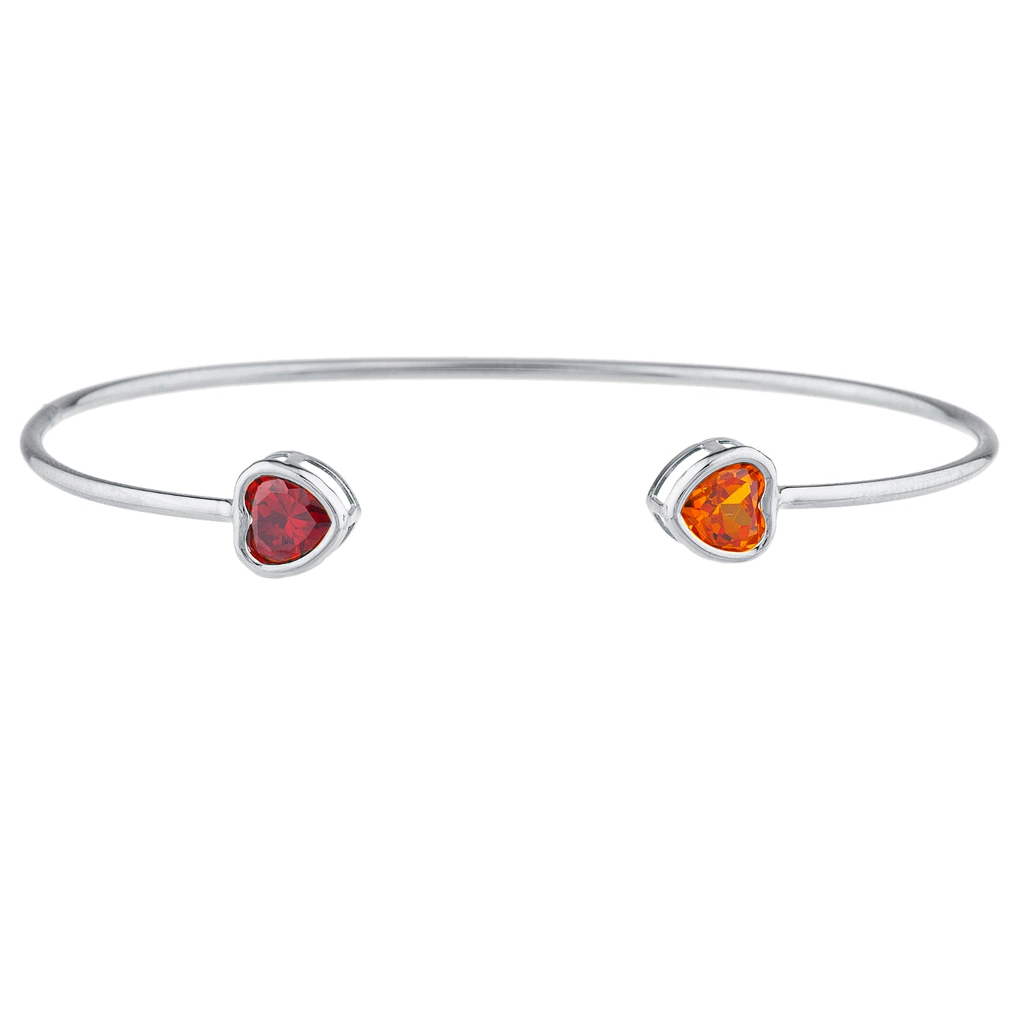 Orange Citrine & Garnet Heart Bezel Bangle Bracelet .925 Sterling Silver