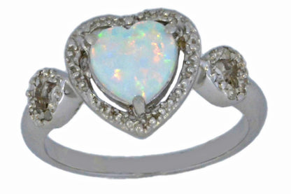 Opal & Diamond Heart Ring .925 Sterling Silver Rhodium Finish