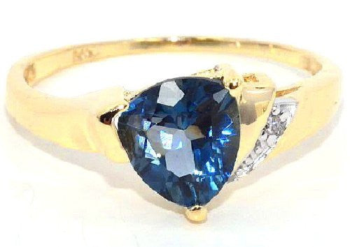 1.5 Ct London Blue Topaz & Diamond Trillion Ring .925 Sterling Silver 14Kt Yellow Gold Plated