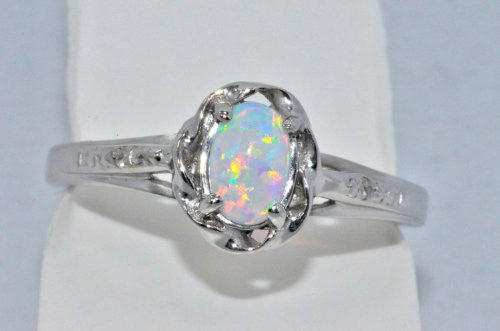 6x4mm Opal & Diamond Oval Ring .925 Sterling Silver Rhodium Finish