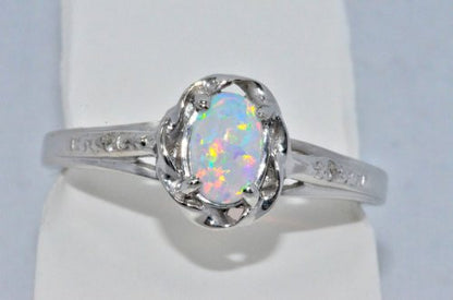 6x4mm Opal & Diamond Oval Ring .925 Sterling Silver Rhodium Finish