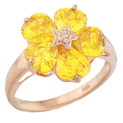 14Kt Gold Yellow Citrine & Diamond Heart Flower Design Ring