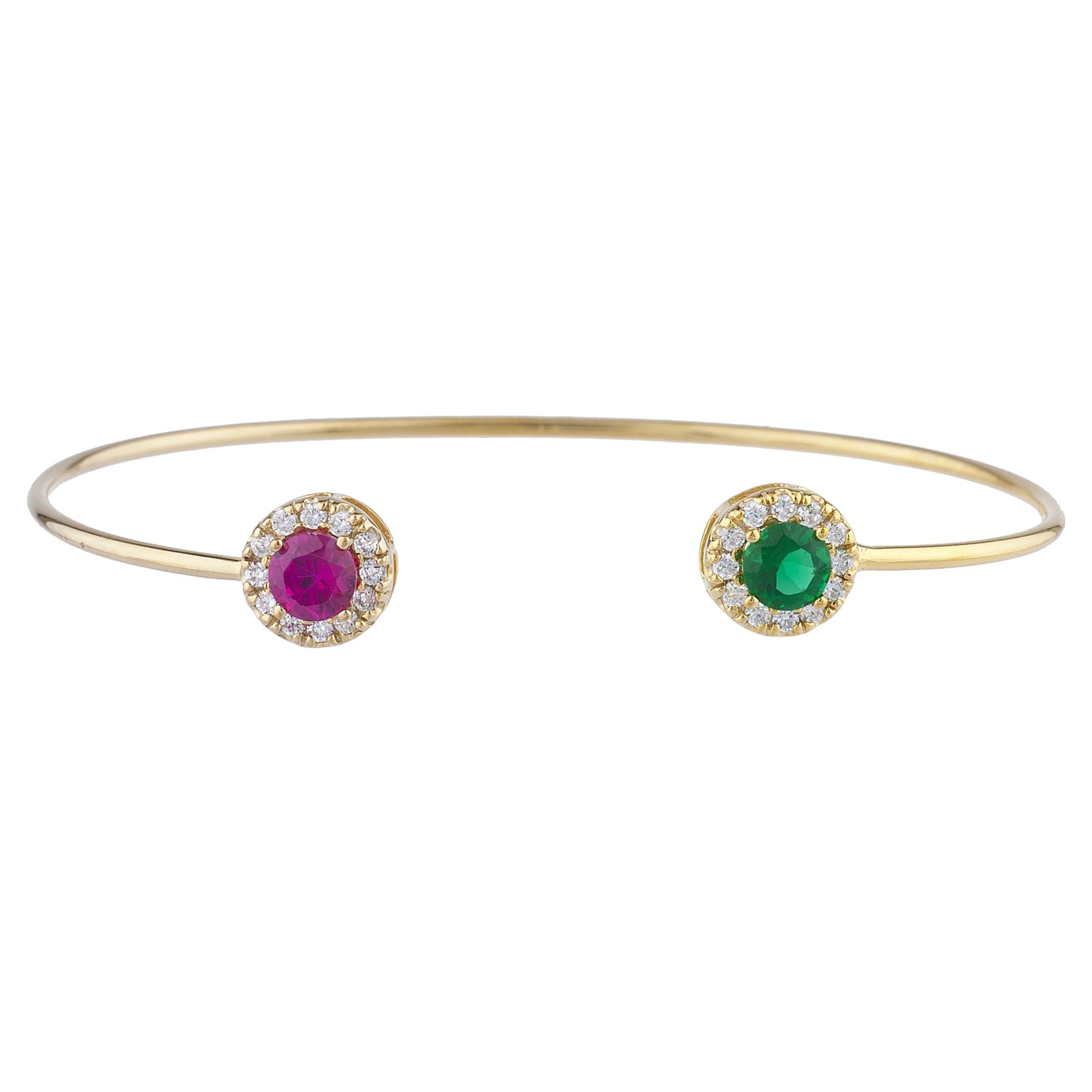 1 Ct Created Ruby & Emerald Halo Design Round Bangle Bracelet 14Kt Yellow Gold Rose Gold Silver