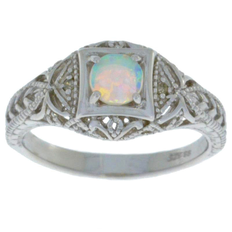 Opal & Diamond Round Ring .925 Sterling Silver