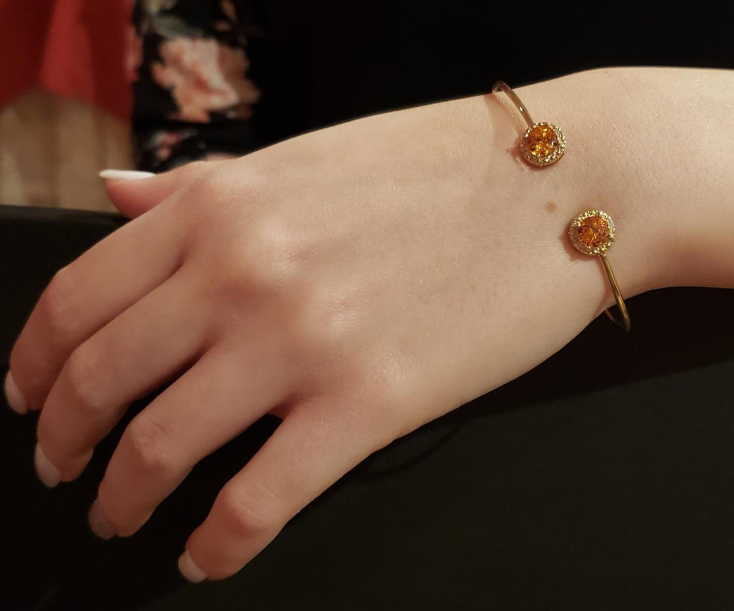 14Kt Gold Orange Citrine & Diamond Round Bangle Bracelet