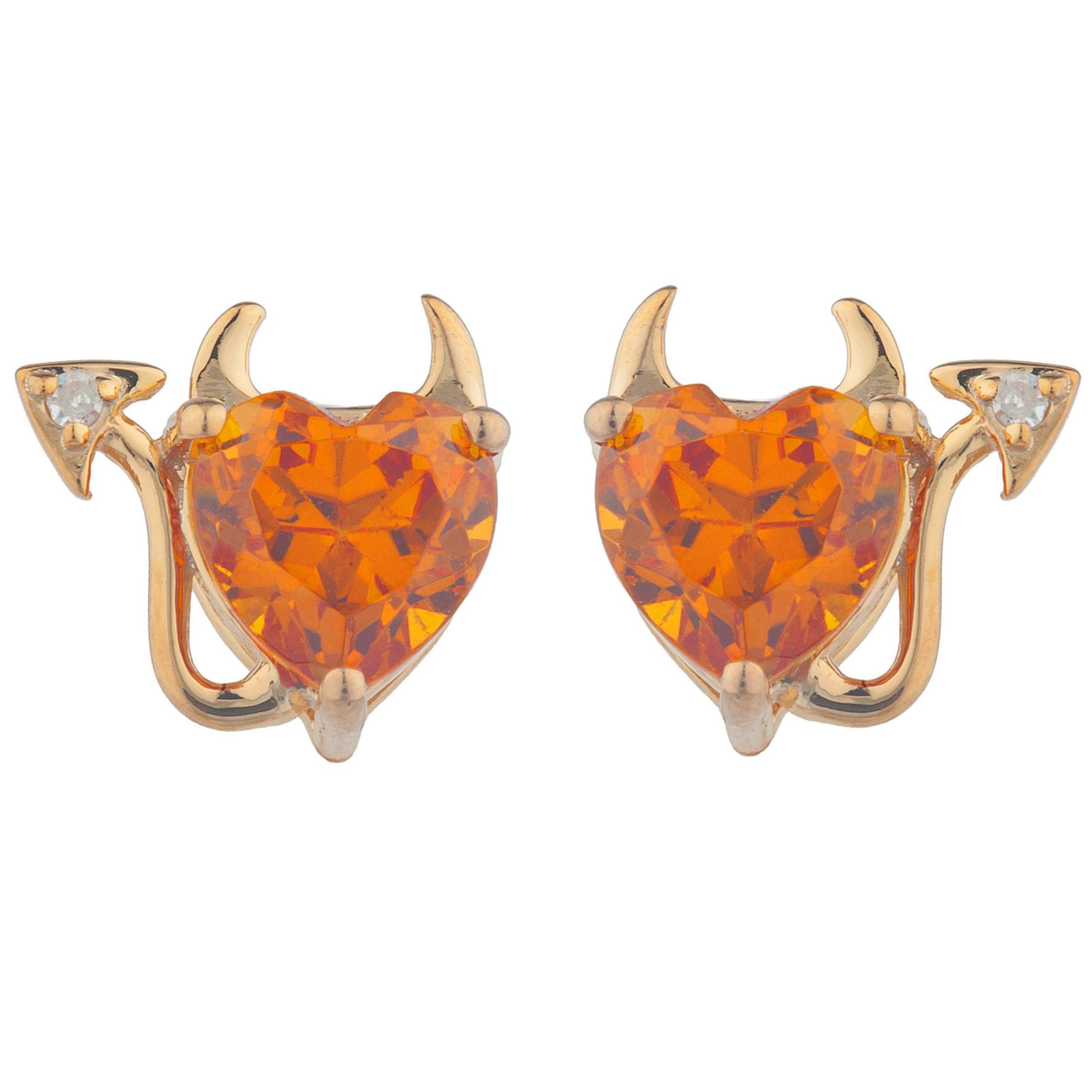 14Kt Gold Orange Citrine & Diamond Devil Heart Stud Earrings