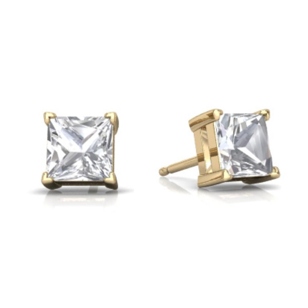 14Kt Yellow Gold White Topaz Princess Cut Stud Earrings