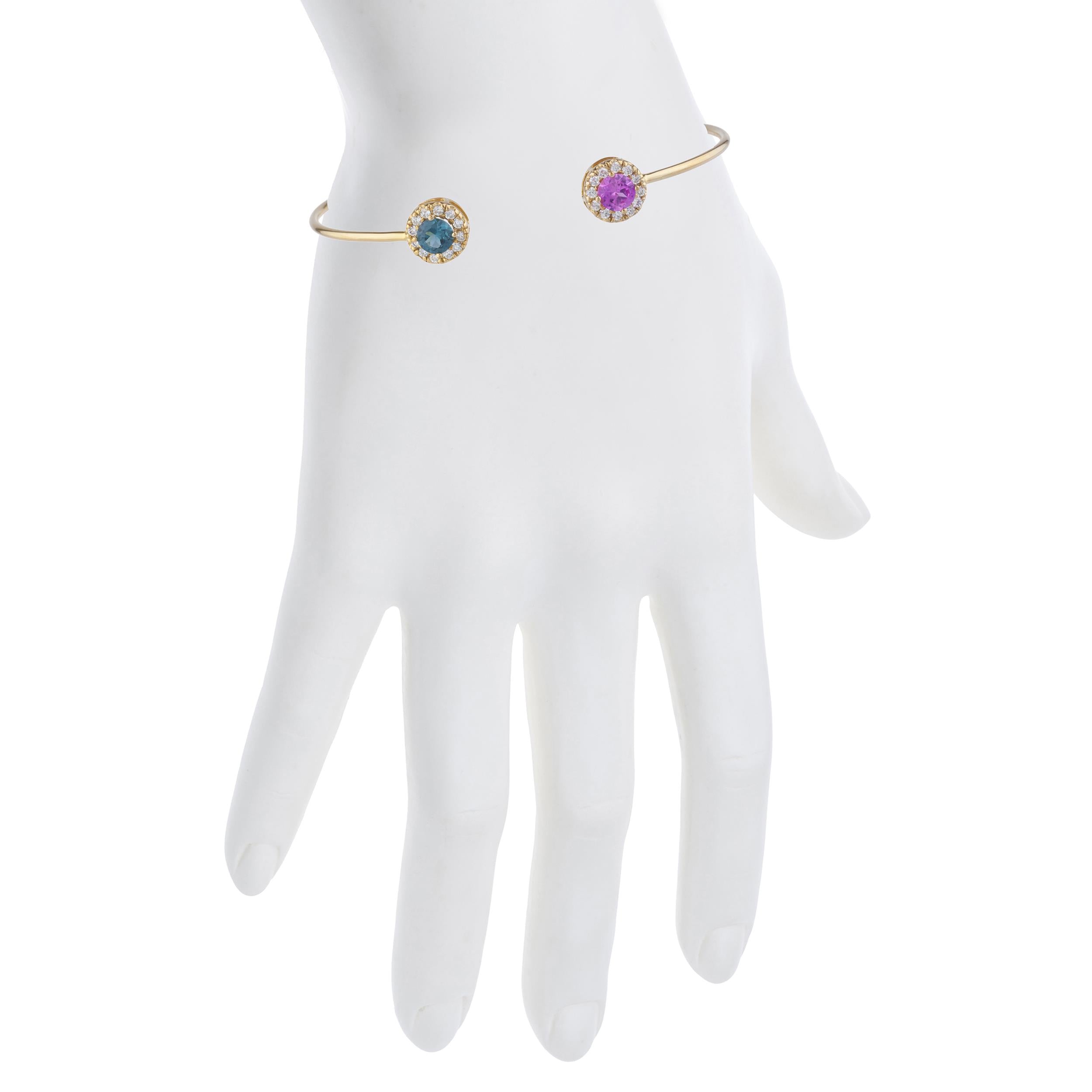 14Kt Gold Pink Sapphire & London Blue Topaz Halo Design Bangle Bracelet