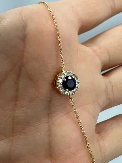 14Kt Gold Blue Sapphire Halo Bracelet