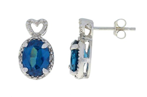 4 Ct London Blue Topaz & Diamond Oval Heart Stud Earrings .925 Sterling Silver