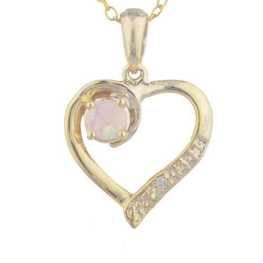 14Kt Yellow Gold Plated Pink Opal & Diamond Heart Pendant