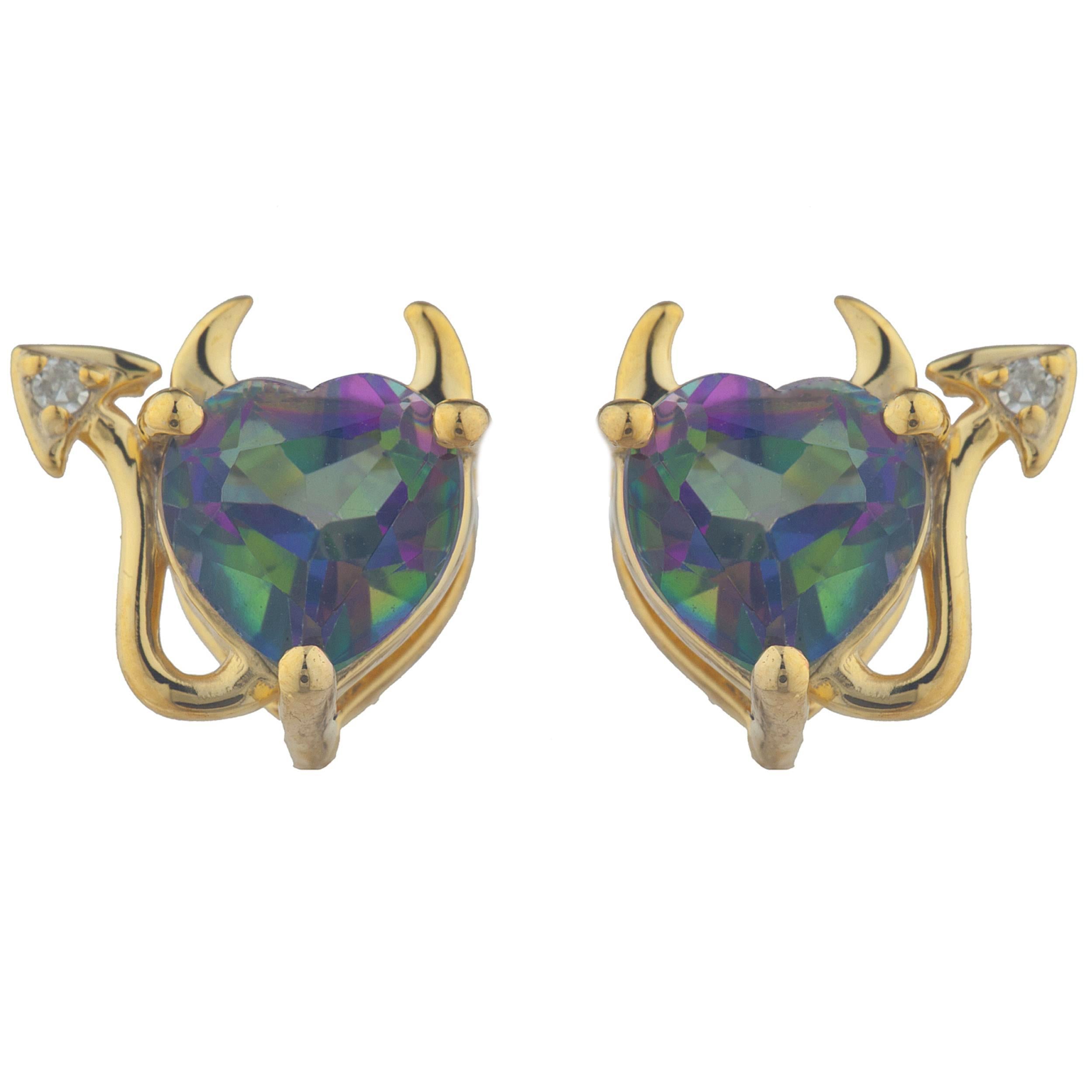 14Kt Gold Natural Mystic Topaz & Diamond Devil Heart Stud Earrings