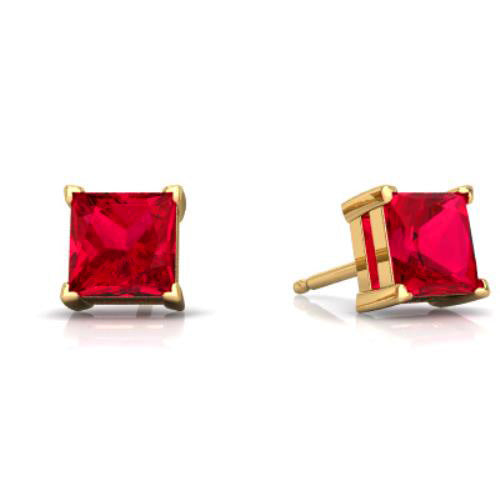 14Kt Yellow Gold Created Ruby Princess Cut Stud Earrings