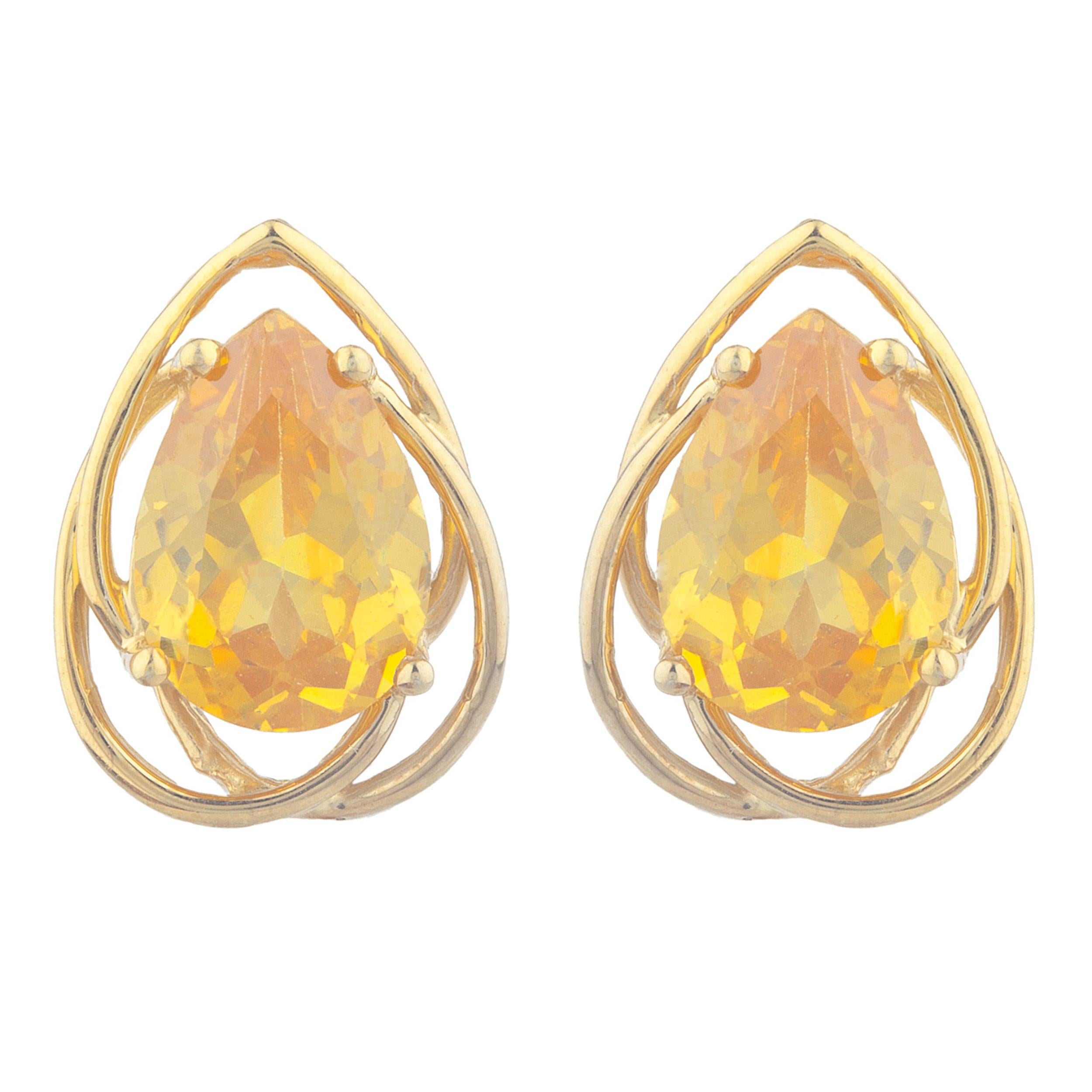 14Kt Gold 4 Ct Yellow Citrine Pear Teardrop Design Stud Earrings