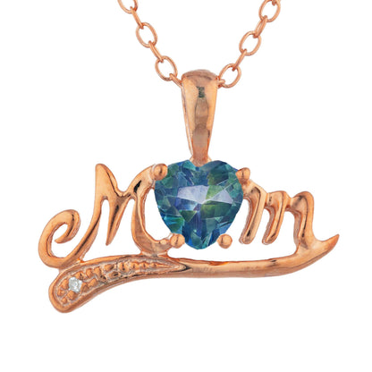 14Kt Rose Gold Plated Natural Blue Mystic Topaz & Diamond Heart Mom Pendant