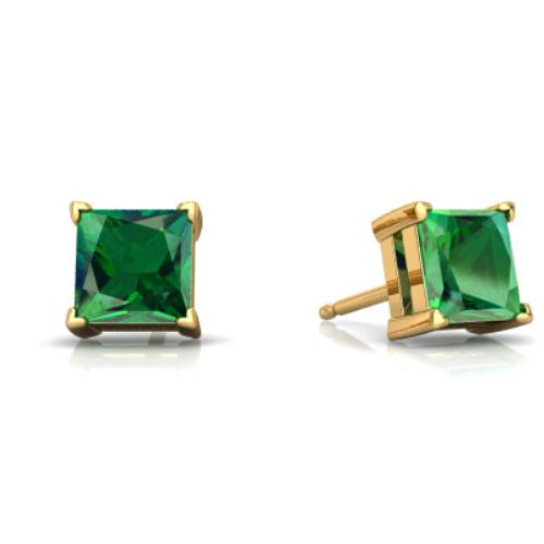 14Kt Yellow Gold Emerald Princess Cut Stud Earrings