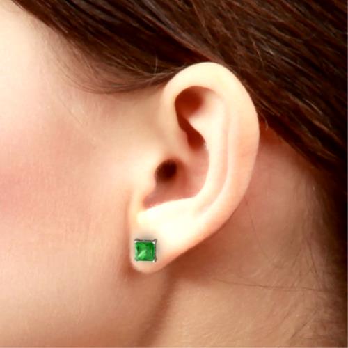 14Kt White Gold Emerald Princess Cut Stud Earrings