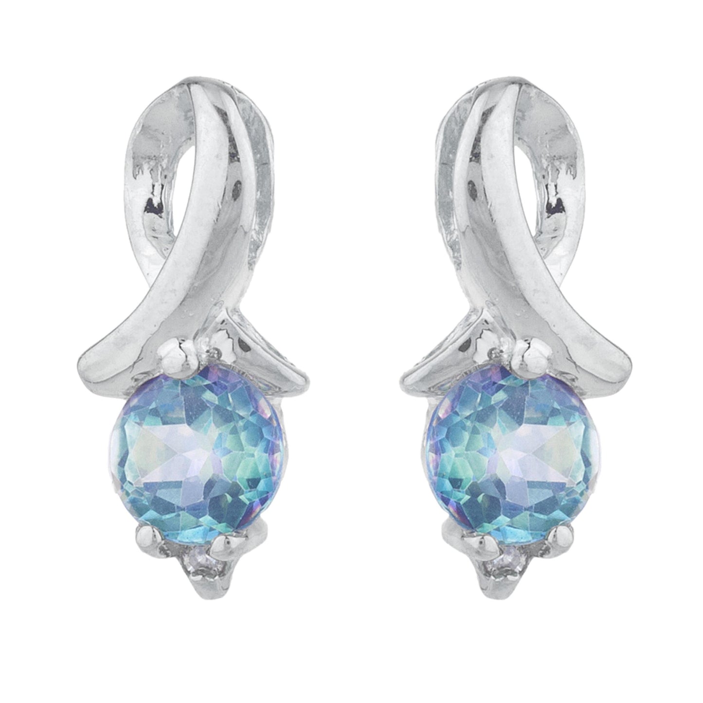 1 Ct Natural Blue Mystic Topaz & Diamond Round Design Stud Earrings 14Kt White Gold