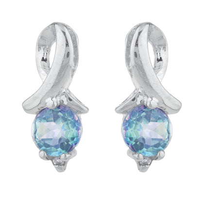 1 Ct Natural Blue Mystic Topaz & Diamond Round Design Stud Earrings 14Kt White Gold