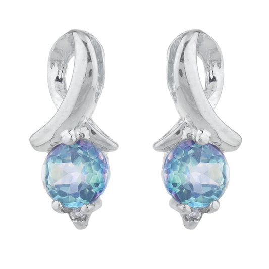 1 Ct Natural Blue Mystic Topaz & Diamond Round Design Stud Earrings 14Kt White Gold