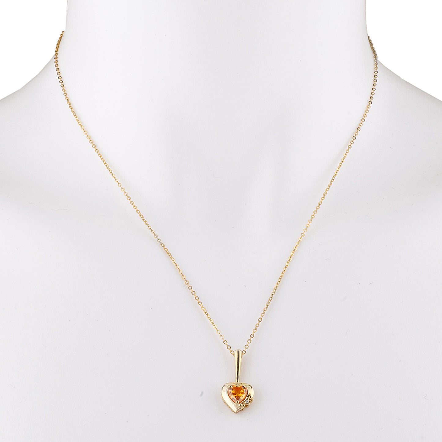 14Kt Gold Orange Citrine & Diamond Heart Design Pendant Necklace