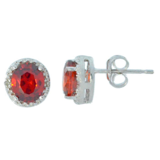 2 Ct Garnet & Diamond Round Stud Earrings .925 Sterling Silver