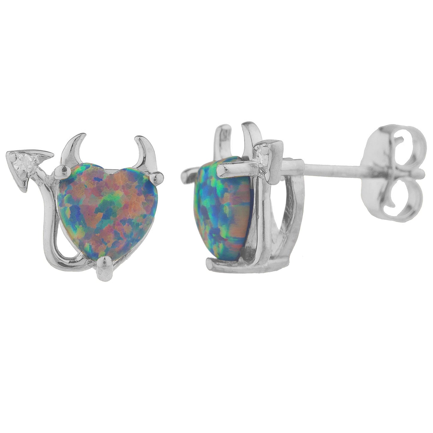 14Kt Gold Black Opal & Diamond Devil Heart Stud Earrings