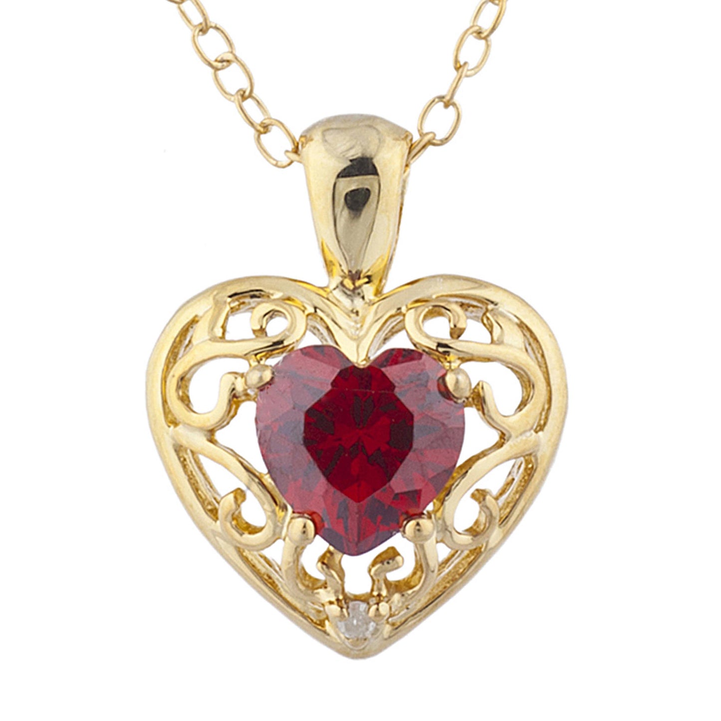 14Kt Yellow Gold Plated Garnet & Diamond Love Design Heart Pendant