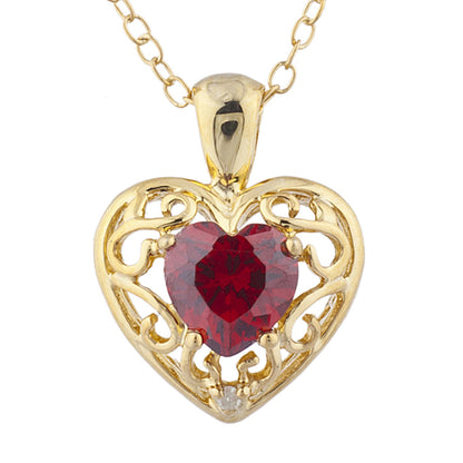 14Kt Yellow Gold Plated Garnet & Diamond Love Design Heart Pendant