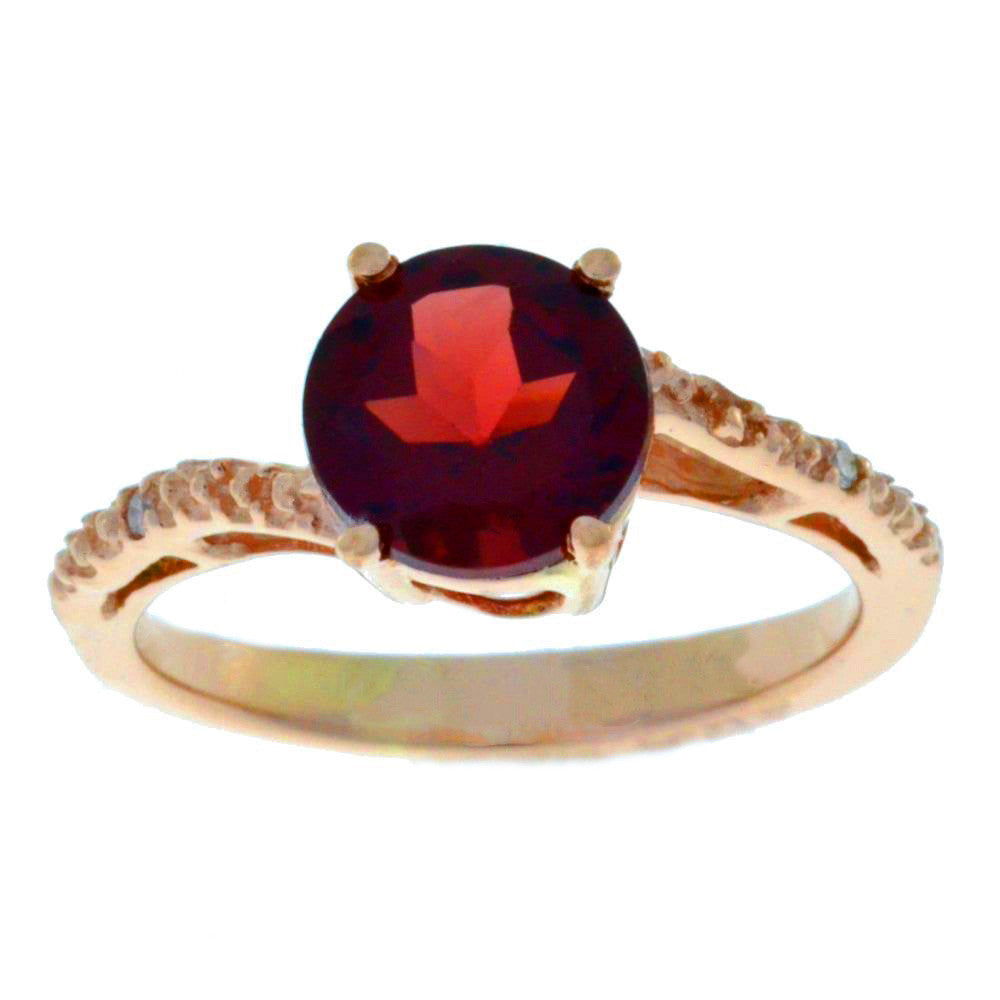 14Kt Rose Gold Plated Garnet & Diamond Round Ring