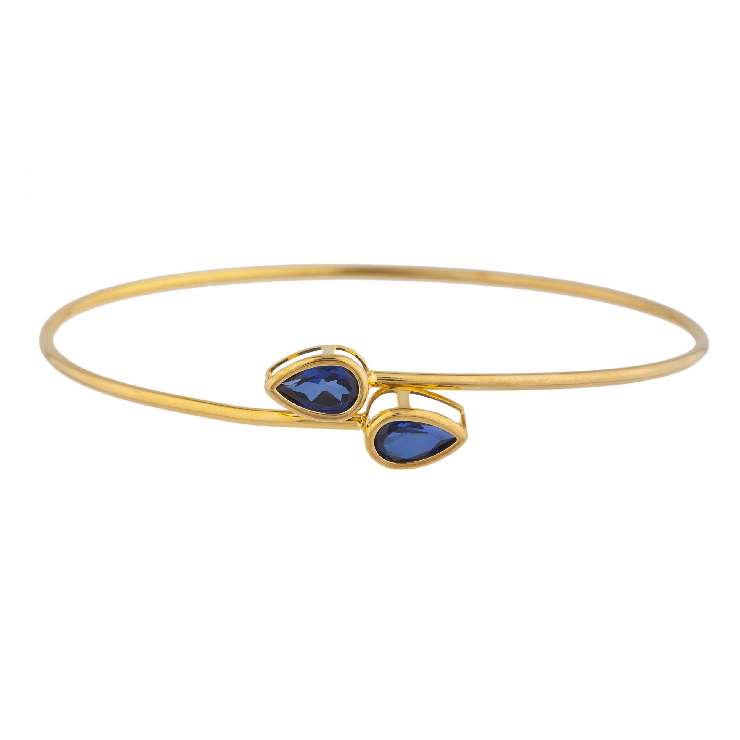 14Kt Gold Blue Sapphire Pear Bezel Bangle Bracelet