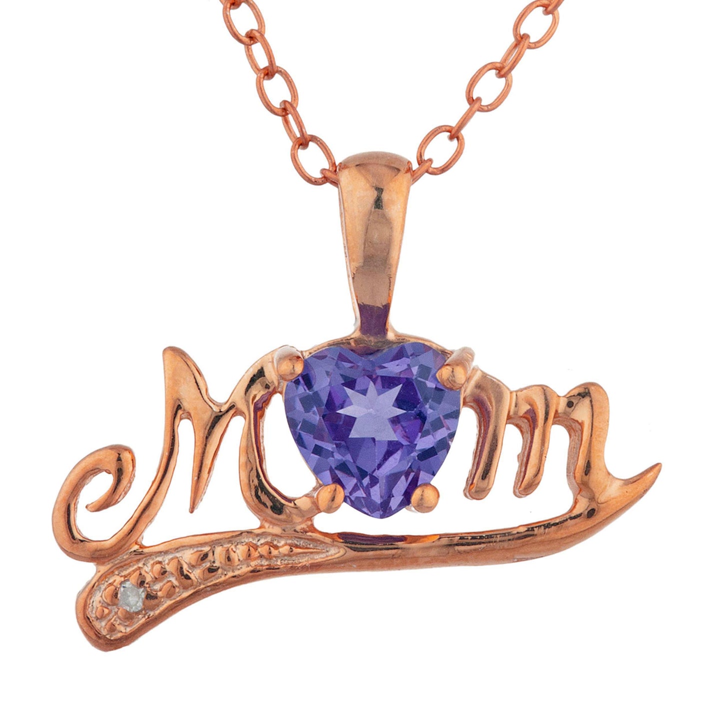 14Kt Rose Gold Plated Alexandrite & Diamond Heart Mom Pendant