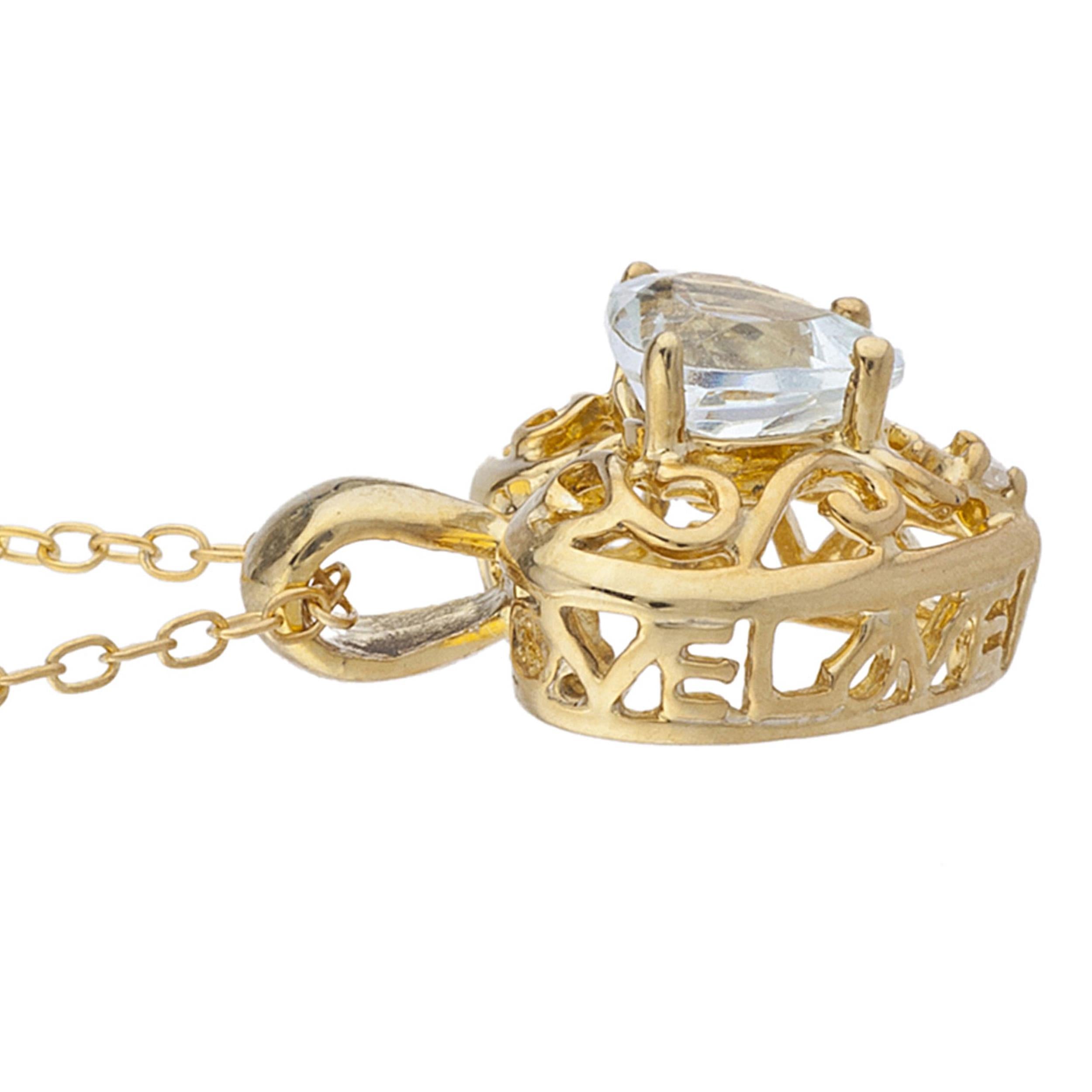 14Kt Gold Aquamarine & Diamond Heart LOVE ENGRAVED Pendant Necklace