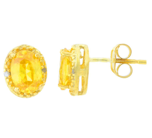 2 Ct Citrine & Diamond Oval Stud Earrings 14Kt Yellow Gold Plated