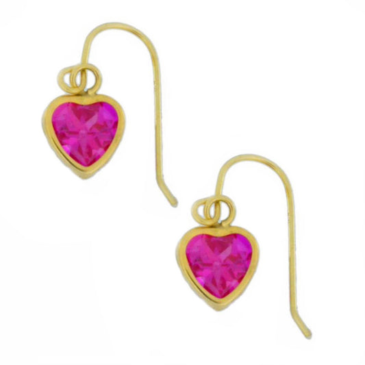 14Kt Yellow Gold Pink Sapphire Heart Bezel Dangle Earrings