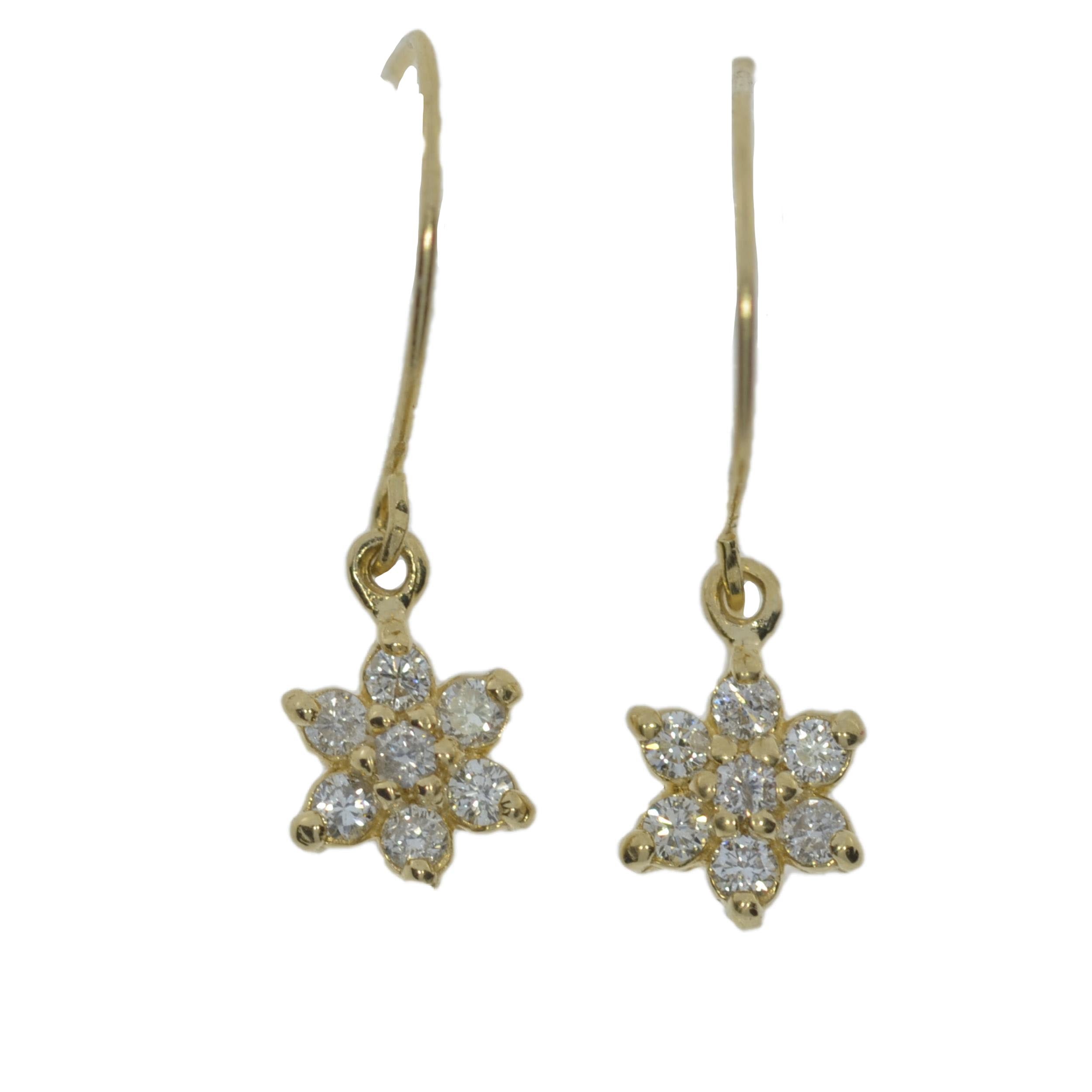 14Kt Gold Diamond Cluster Flower Dangle Earrings