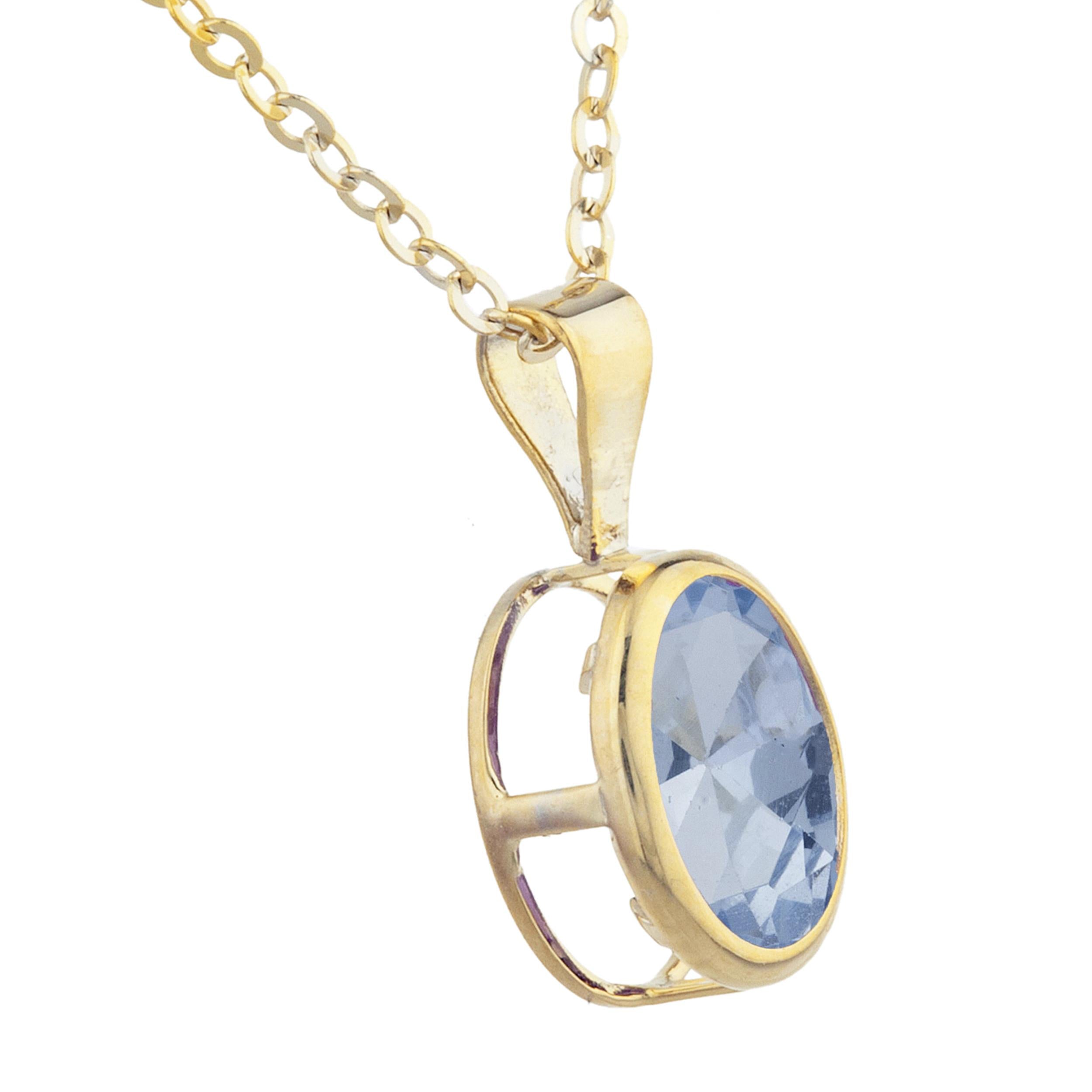 14Kt Gold Genuine Aquamarine Oval Bezel Pendant Necklace