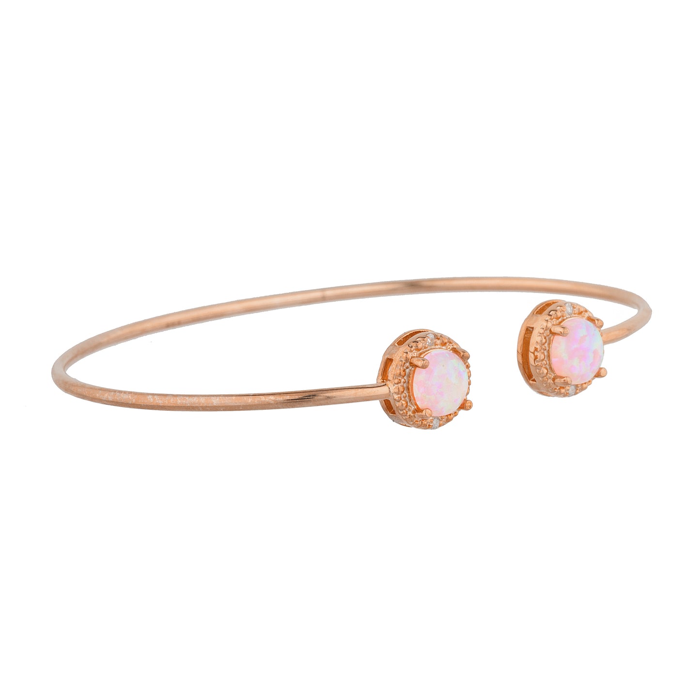 14Kt Rose Gold Plated Pink Opal & Diamond Round Bangle Bracelet