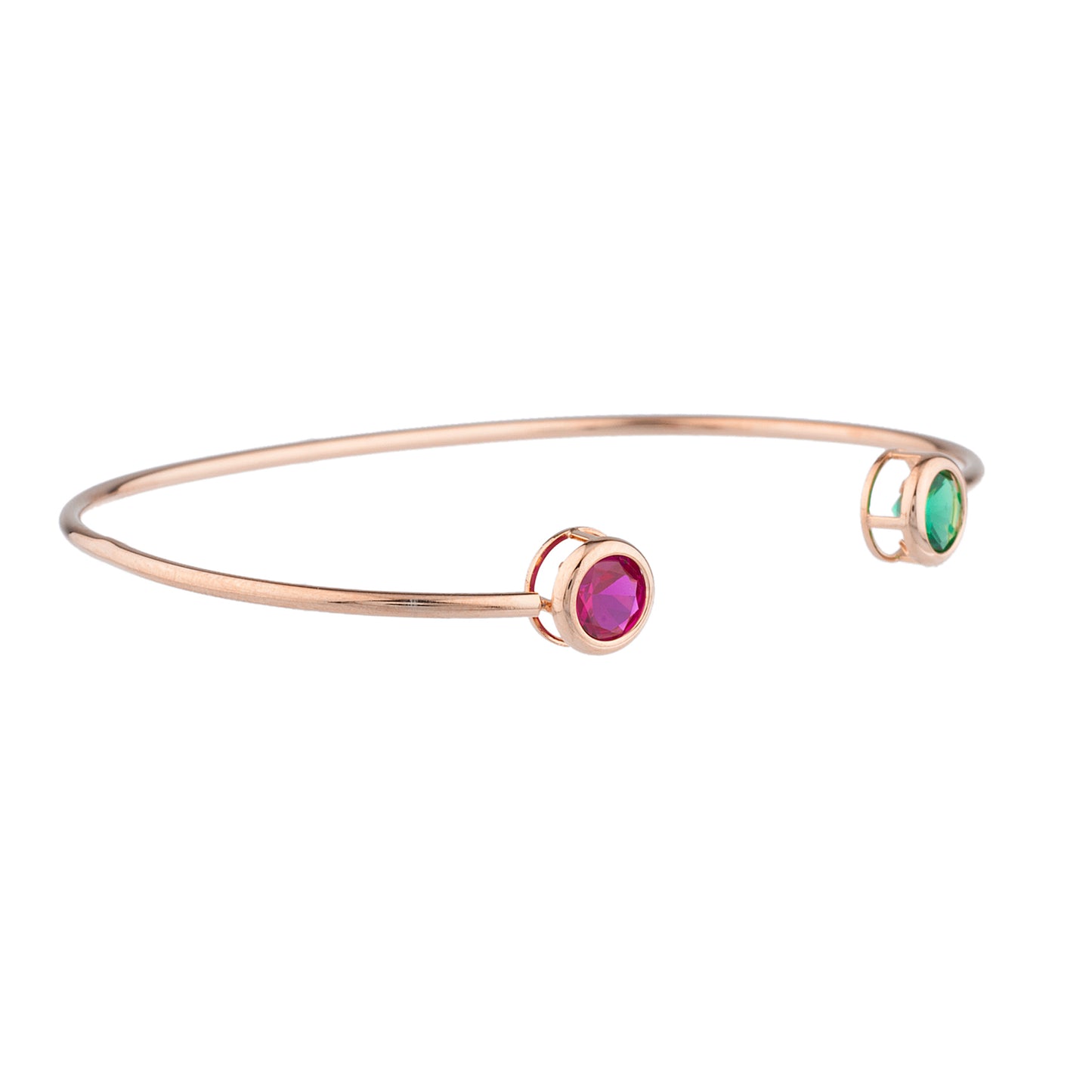 Created Ruby & Emerald Round Bezel Bangle Bracelet 14Kt Rose Gold Plated Over .925 Sterling Silver