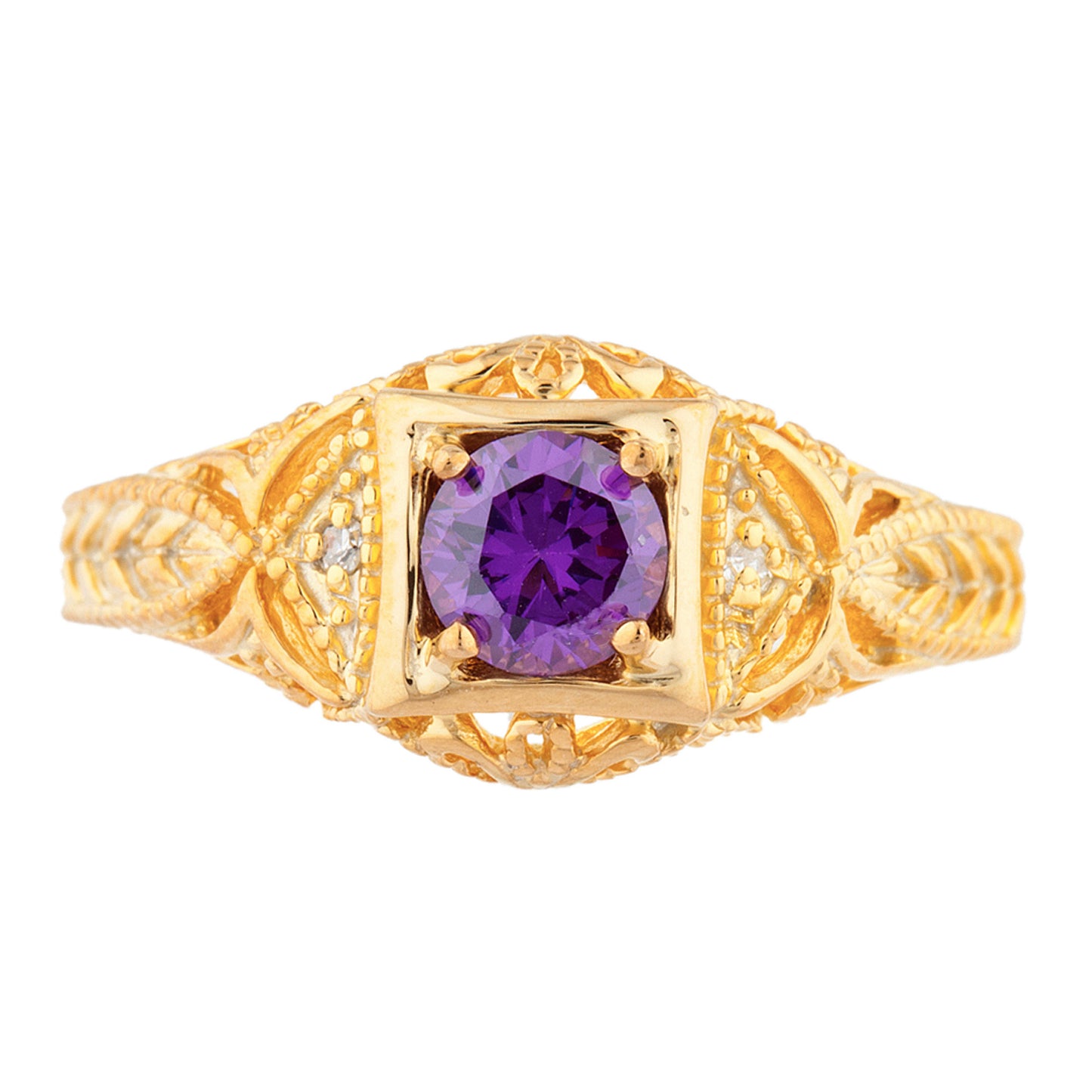 14Kt Gold Amethyst & Diamond Design Round Ring