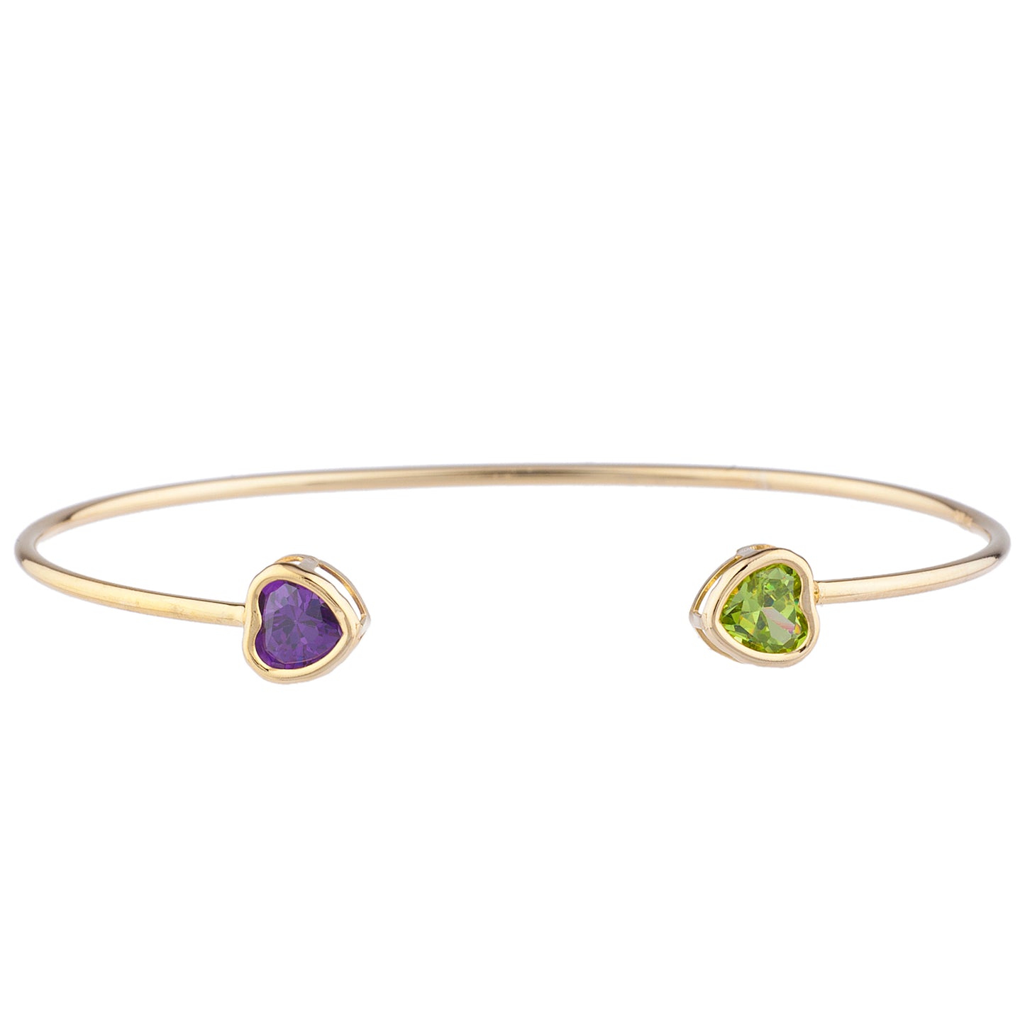 Peridot & Amethyst Heart Bezel Bangle Bracelet 14Kt Yellow Gold Plated Over .925 Sterling Silver